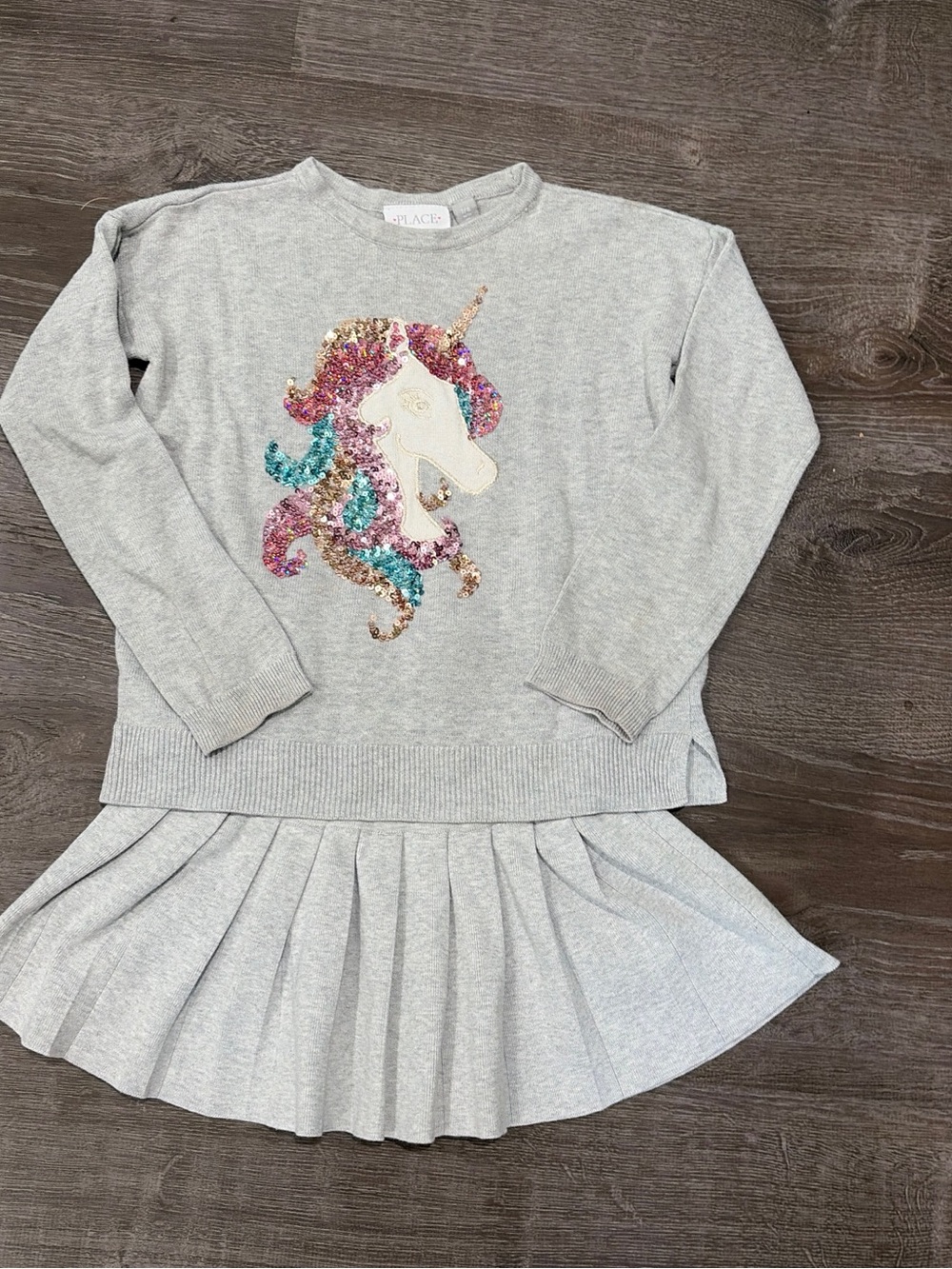 The Children's Place Sequin Unicorn Sweater7/8 & Grey Pleated Tennis Skirt M Set